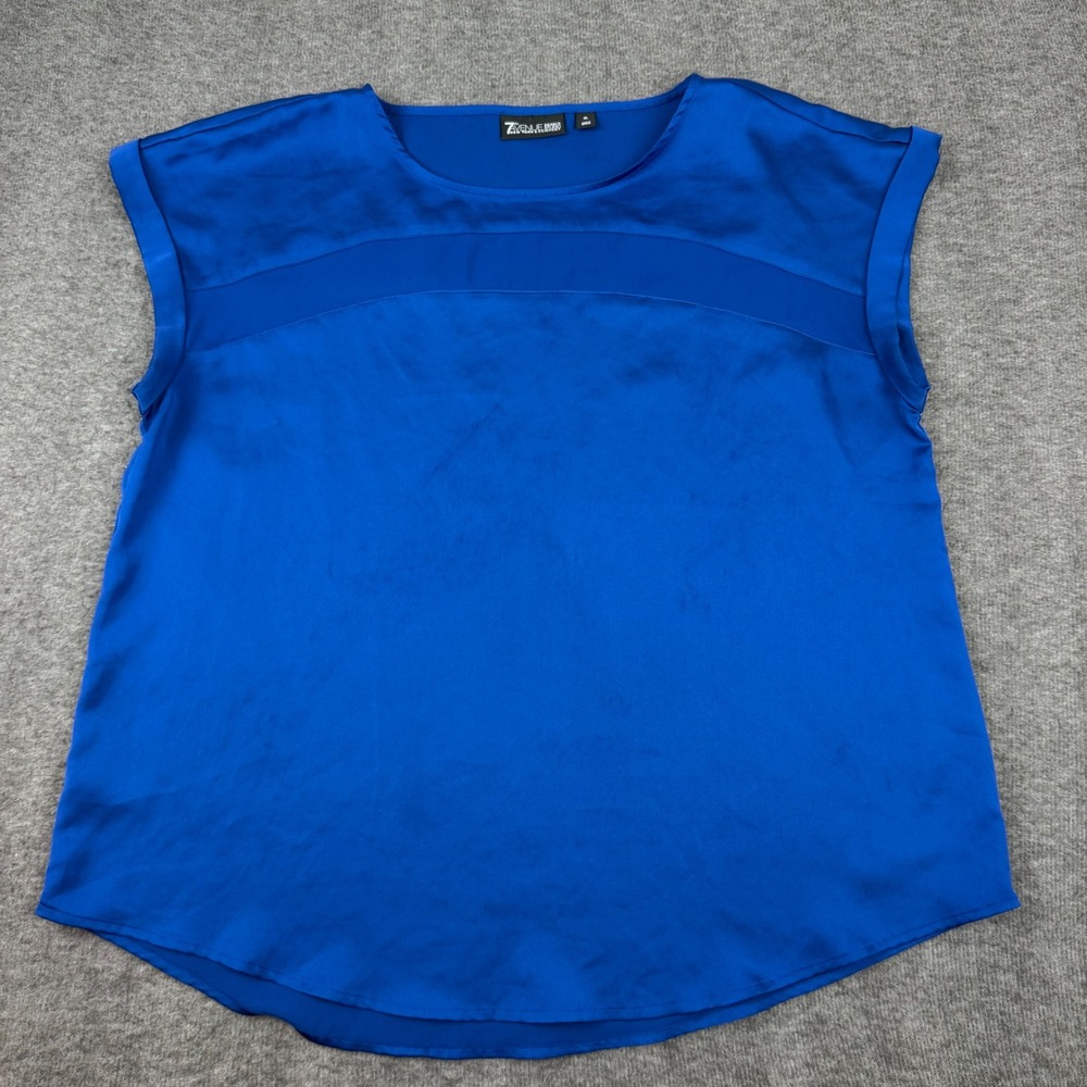 7th Avenue Design Studio Blouse Womens XL Blue Satin Cap Sleeve Sheer Panel Top